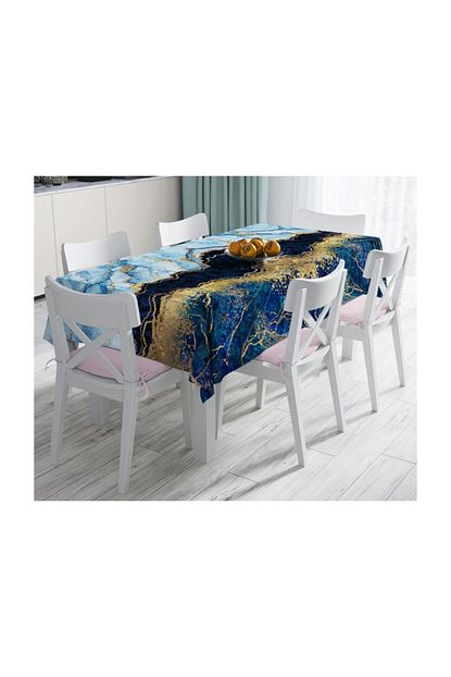 Realhomes Altin Varakli Mavi Zeminli Modern Leke Tutmaz Masa Ortusu 140x260 Cm Trendyol