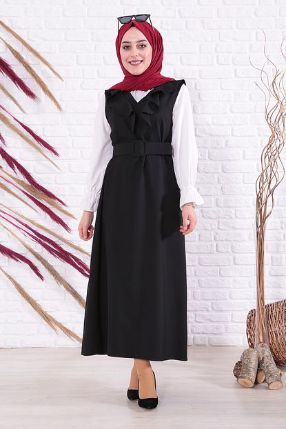 Moda Gulay Yaka Firfirli Uzun Elbise Trendyol