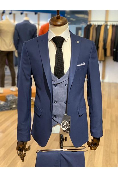 El Faro Lacivert Yelekli Slim Fit Kombin Takim Elbise Ceket Pantolon Yelek Trendyol