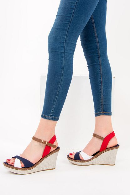 Fox Shoes Lacivert Beyaz Kirmizi Kadin Dolgu Topuklu Ayakkabi 9674040205 Trendyol