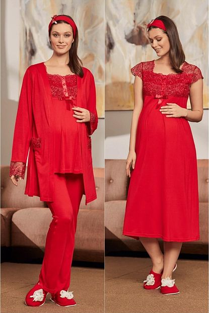 By Mecit Pijama 4 Parca Lohusa Pijama Gecelik Set Kirmizi 1623 Trendyol
