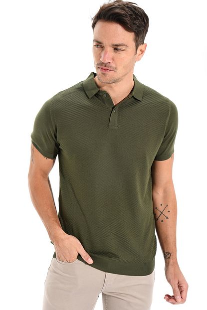 Morven Polo Yaka Cizgili Desen Triko Tshirt Haki Trendyol
