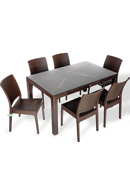 Estelia Rattan 90x150 Mermer Masa 6 Rattan Elisa Sandalye Kahve Trendyol