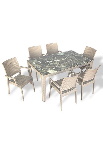Estelia Rattan 90x150 Mermer Masa 6 Rattan Flora Koltuk Kapucino Trendyol