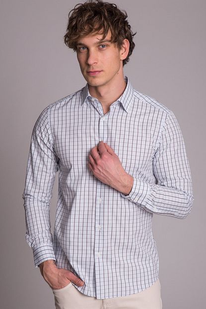 Dufy Beyaz Kareli Pamuklu Erkek Gomlek Slim Fit Trendyol