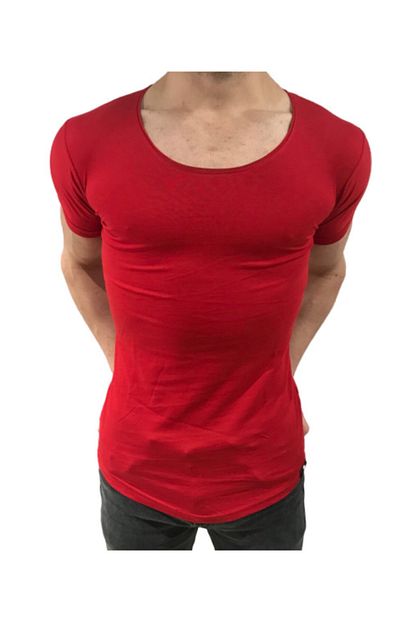 Bybulent Erkek Oval Yaka Tisort Acik Yaka Likrali Slim Fit T Shirt Kirmizi Vr098 Trendyol