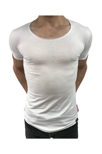 Bybulent Erkek Oval Yaka Tisort Acik Yaka Likrali Slim Fit T Shirt Beyaz Vr013 Trendyol
