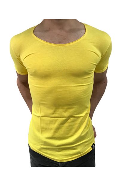 Bybulent Erkek Oval Yaka Tisort Acik Yaka Likrali Slim Fit T Shirt Sari Vr044 Trendyol