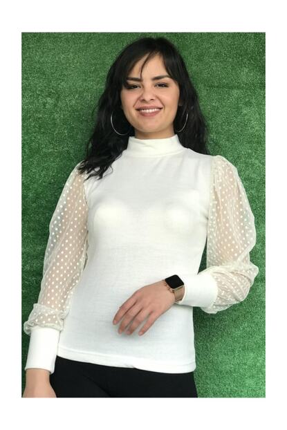 butik kolu tul bluz bluz krem trendyol