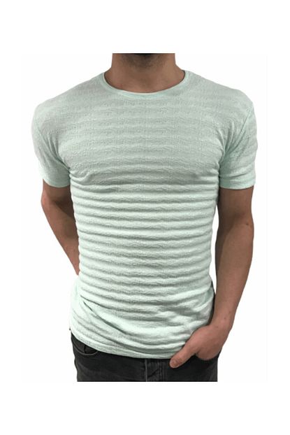 Bybulent Erkek Sifir Yaka Tisort Bisiklet Yaka Likrali Slim Fit T Shirt Su Yesili Vr083 Trendyol