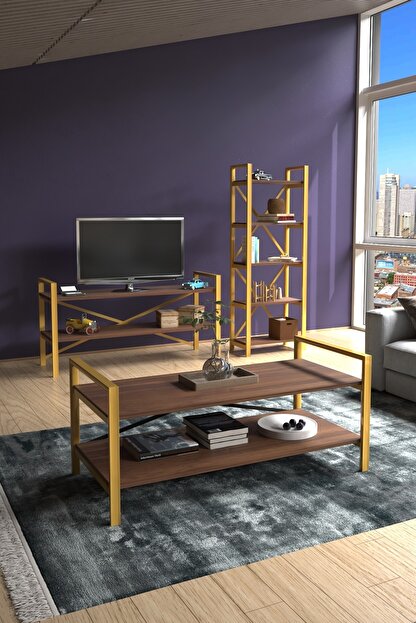 Evdemo Mimoza Gold Tv Kitaplik Sehpa Takimi Ceviz Trendyol