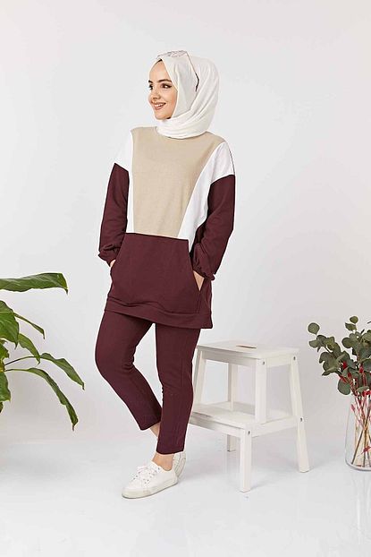 Festmoda 896 010 Kanguru Cepli Ikili Tesettur Takim Bej Trendyol