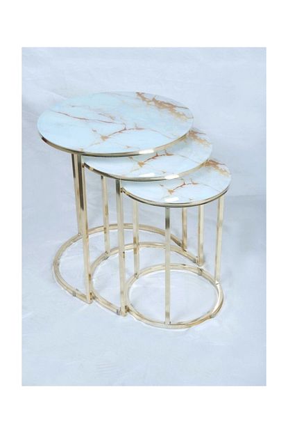 Masal Zigon Sehpa 3 Lu Yuvarlak Gold 4 Metal Ayak Mermer Desenli Cam Sehpa Trendyol