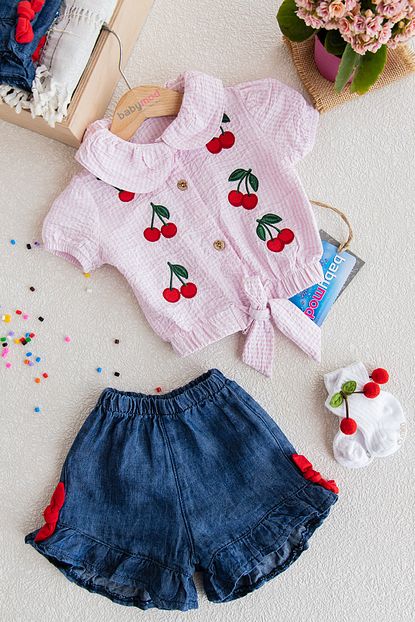 Babymod Kirazli Kiz Bebek Sort Bluz Takim Gomlekli Bebek Takim Trendyol