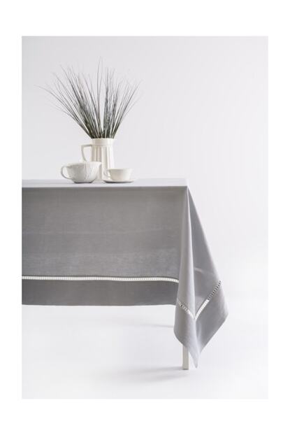 Deco Center 100 Keten Gri Mavi Kolber Aplikeli Dikdortgen Masa Ortusu 160x260 Ve 6 Li Pecete Set 45x45 Trendyol