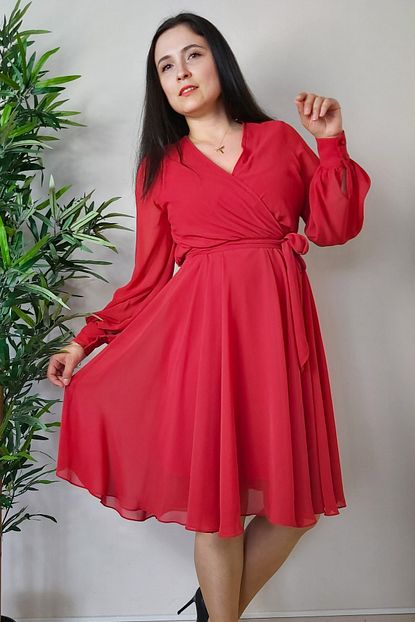 Miraxxx Kadin Kirmizi Kruvaze Yaka Sifon Elbise Trendyol