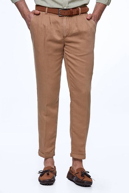 Hemington Erkek Pileli Keten Camel Pantolon Trendyol