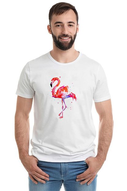 Collage Erkek Flamingo Sulu Boya Resim Baskili Beyaz Orme T Shirt Trendyol