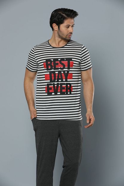 Siyah Inci Erkek Desenli Kisa Kollu Pamuklu Likrali Pijama Takim Trendyol