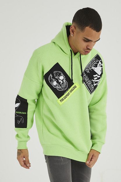 Superbluemexico Erkek Neon Yesil Over Size On Kol Baskili Kapsonlu Sweatshirt Trendyol
