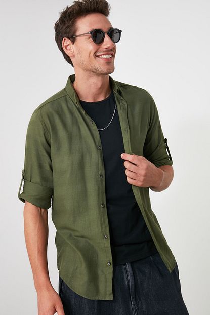 Trendyol Man Zumrut Yesili Erkek Dugmeli Yaka Slim Fit Gomlek Tmnss20go0115 Trendyol