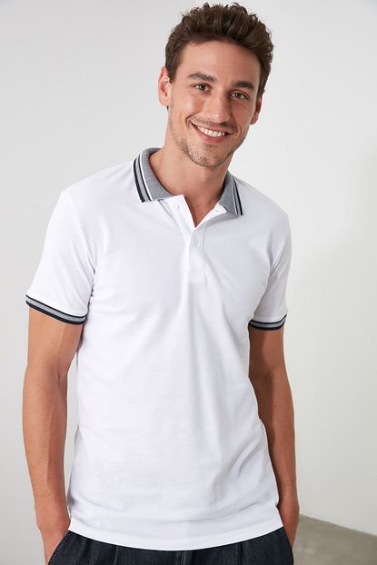 Trendyol Man Beyaz Erkek Jakarli Yaka Uzeri Cizgili Polo Yaka T Shirt Tmnss20po0010 Trendyol