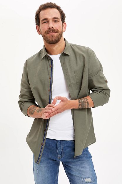 Defacto Erkek Haki Slim Fit Uzun Kollu Basic Gomlek S1333az20au Trendyol
