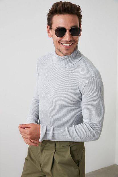 Trendyol Man Gri Erkek Slim Fit Lastik Orgu Balikci Yaka Triko Kazak Tmnaw20mg0031 Trendyol