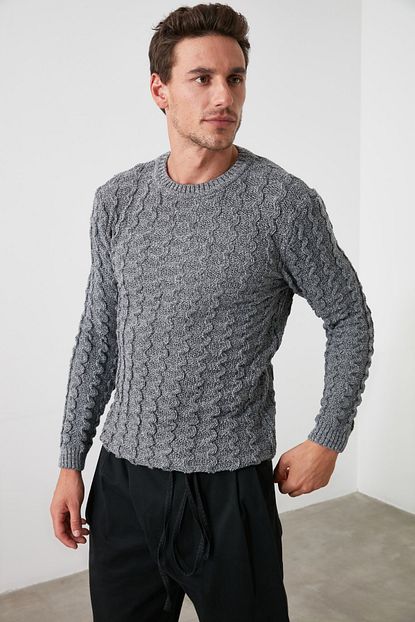 Trendyol Man Gri Erkek Sac Orgu Bisiklet Yaka Triko Kazak Tmnaw21kz0386 Trendyol