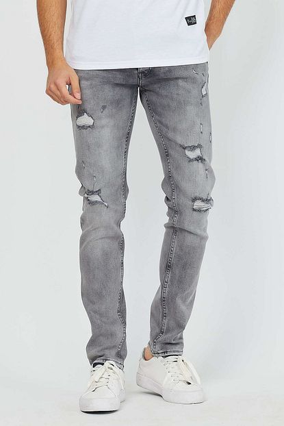 Denim Republic Erkek Gri Yirtik Kot Pantolon Trendyol