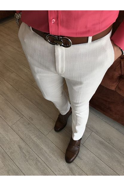 Terziademaltun Erkek Beyaz Stil Slim Fit Erkek Kumas Pantolon T4485 Trendyol