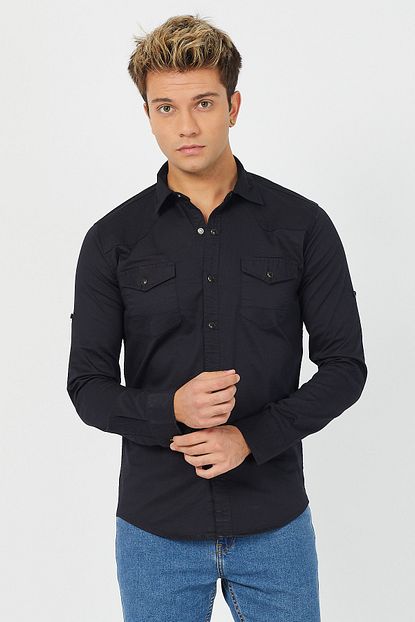 Tarz Cool Erkek Siyah Cepli Pamuklu Slim Fit Denim Gomlek Trendyol