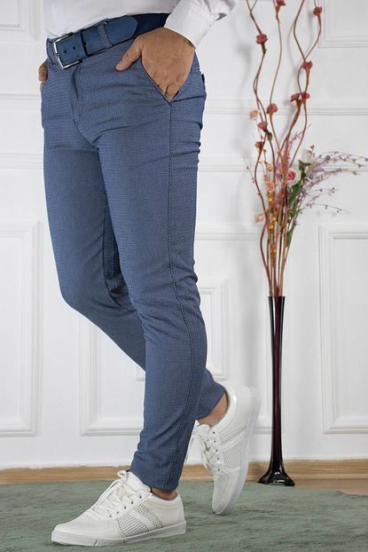 Kulemoda Erkek Mavi Baklava Desenli Slim Fit Likrali Keten Pantolon Trendyol