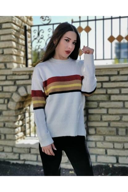 Butikburuc Kadin Ekru Serit Renkli Kazak Trendyol