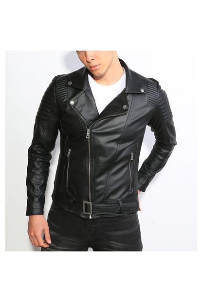 Dcs Collection Erkek Siyah Slim Fit Dar Kesim Kemerli Deri Ceket Mont Trendyol
