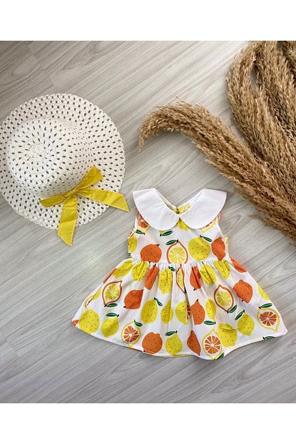 Sutlu Bebek Kiz Bebek Cocuk Bebe Yaka Limon Desenli Sapkali Elbise Takimi Kp 2073 3 Trendyol