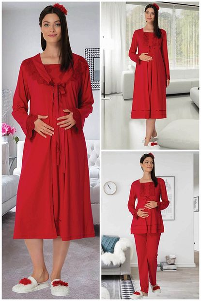 By Mecit Pijama Carpediem L R 1515 Kirmizi 4 Parca Lohusa Set Trendyol
