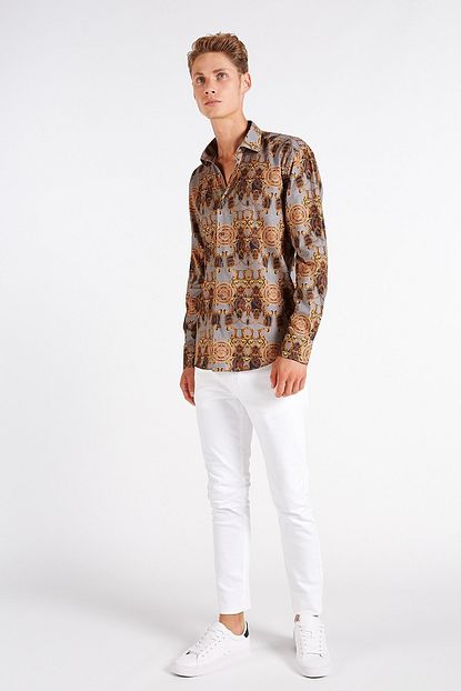 Grosvenor Erkek Yesil Baskili Slim Fit Pamuk Gomlek Trendyol