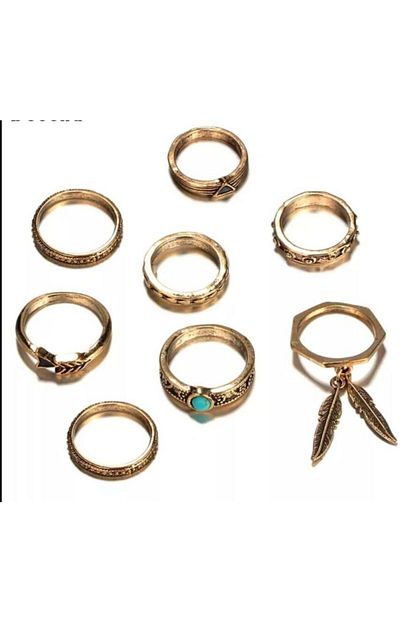 Pinkimaj Eklem Yuzuk Seti Antik Bronz Gold Renk 8 Adet Sallanir Yaprakli Yeni Model Trendyol