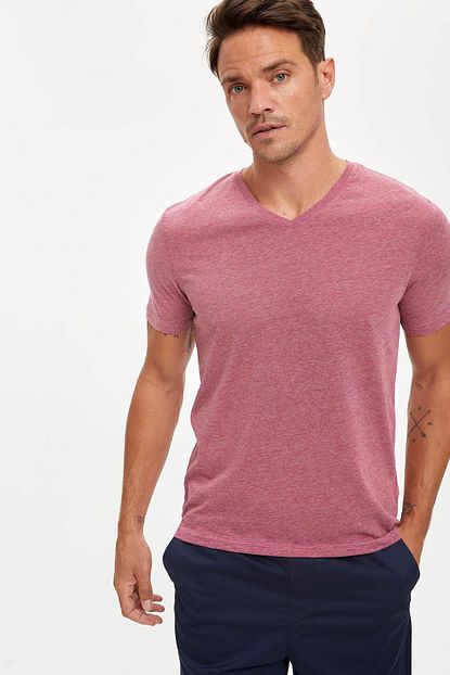 Defacto Erkek Rose Melange V Yaka Slim Fit Basic Tisort S6001az20sm Trendyol