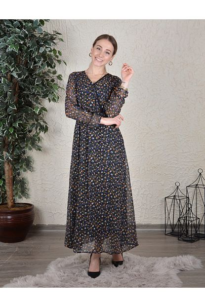 butik renkli papatya uzun sifon elbise