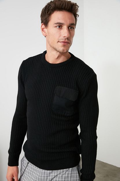 Trendyol Man Siyah Erkek Bisiklet Yaka Fitilli Mikro Cepli Slim Fit Triko Kazak Tmnaw21kz0558 Trendyol
