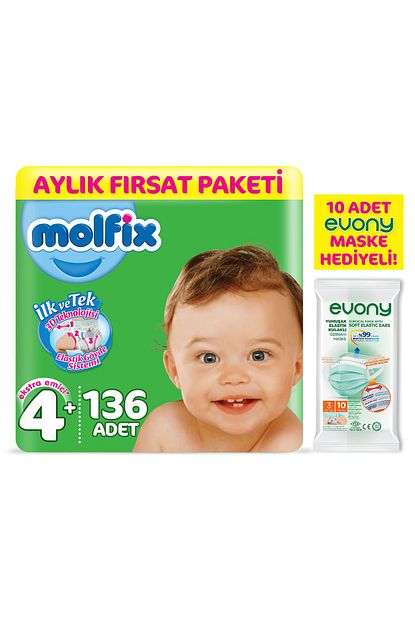Molfix 3d Bebek Bezi Beden 4 Maxiplus Aylik Firsat Paketi 136 Adet Evony Maske 10 Lu Hediyeli Trendyol