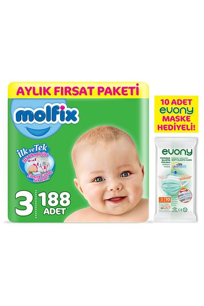 Molfix Bebek Bezi 3 Beden Midi Aylik Firsat Paketi 188 Adet Evony Maske 10 Lu Hediyeli Trendyol