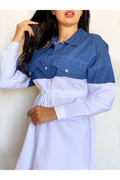 Elmoda Boutique Kadin Koyu Mavi Kot Ve Beyaz Rengi Gomlek Trendyol