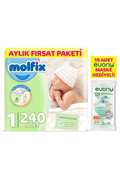 Molfix Bebek Bezi 1 Beden Yenidogan Aylik Firsat Paketi 240 Adet Evony Maske 10 Lu Hediyeli Trendyol