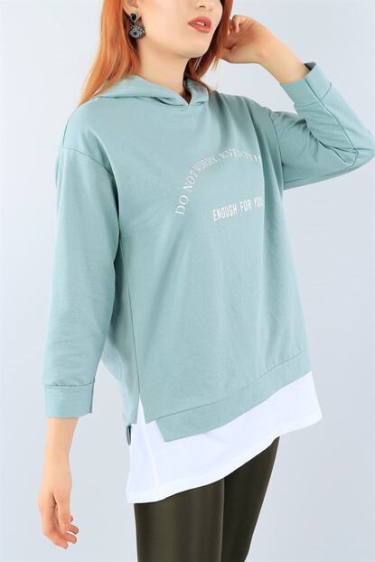 Adyes Kadin Su Yesili Do Not Worry Baskili Garnili Kapsonlu Sweatshirt Trendyol