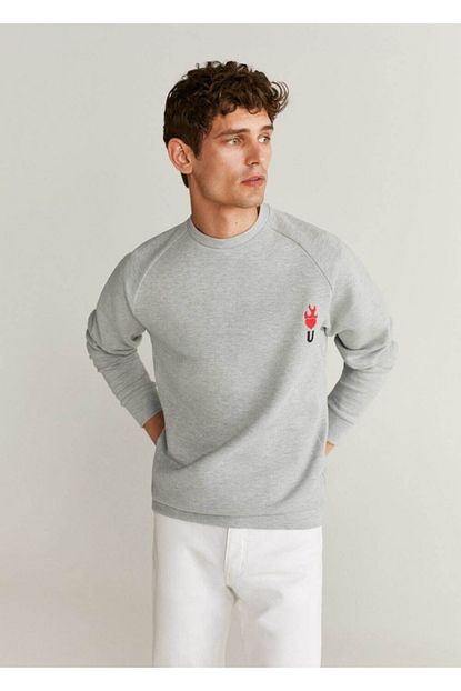 Mango Man Erkek Gri Yazili Sweatshirt Trendyol