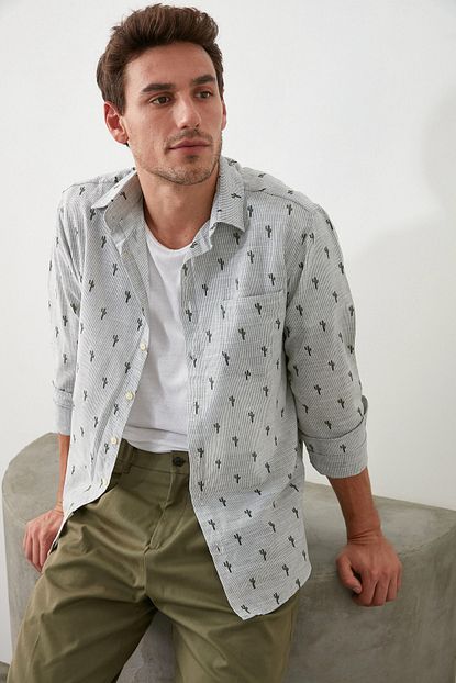 Trendyol Man Ekru Erkek Kaktus Slim Fit Gomlek Tmnss20go0608 Trendyol