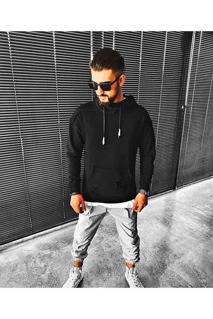 Eksi 1 Erkek Siyah Kapusonlu Sweat Trendyol